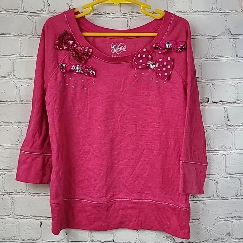 Justice Girls 10 Hot Pink Rhinestone Sequin Polka Dot Bow Short Sleeve Knit Top